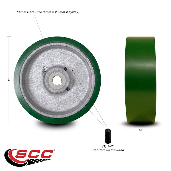 4" x 1.5" Poly Tread on Cast Iron Keyed Drive Wheel - 16mm Bore -